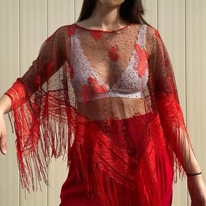 Vintage red butterfly shawl poncho